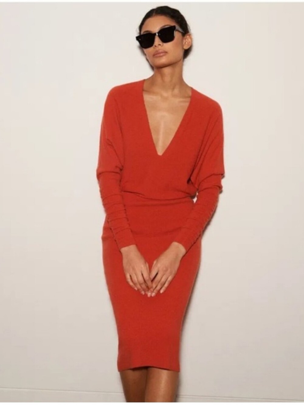 Reiss Jenna Deep V-Neck Red Poppy Midi Sweater Dress